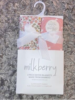 Milkberry 2-Pack Rayon Baby Blankets -
Pink Floral & Solid bamboo swaddle infant